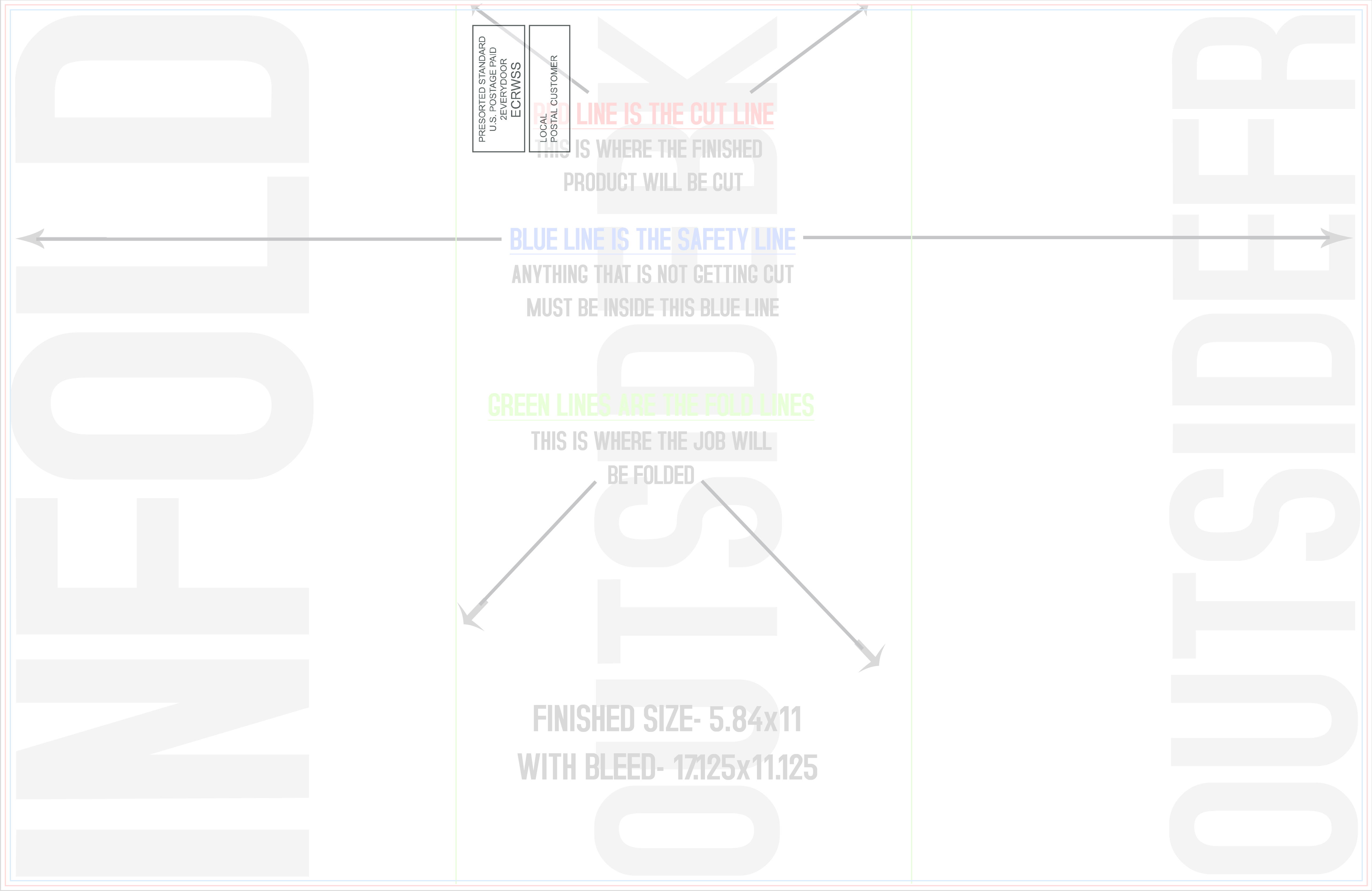 11" × 17" EDDM flyer template preview showing the trim, bleed and safe-zone guides
