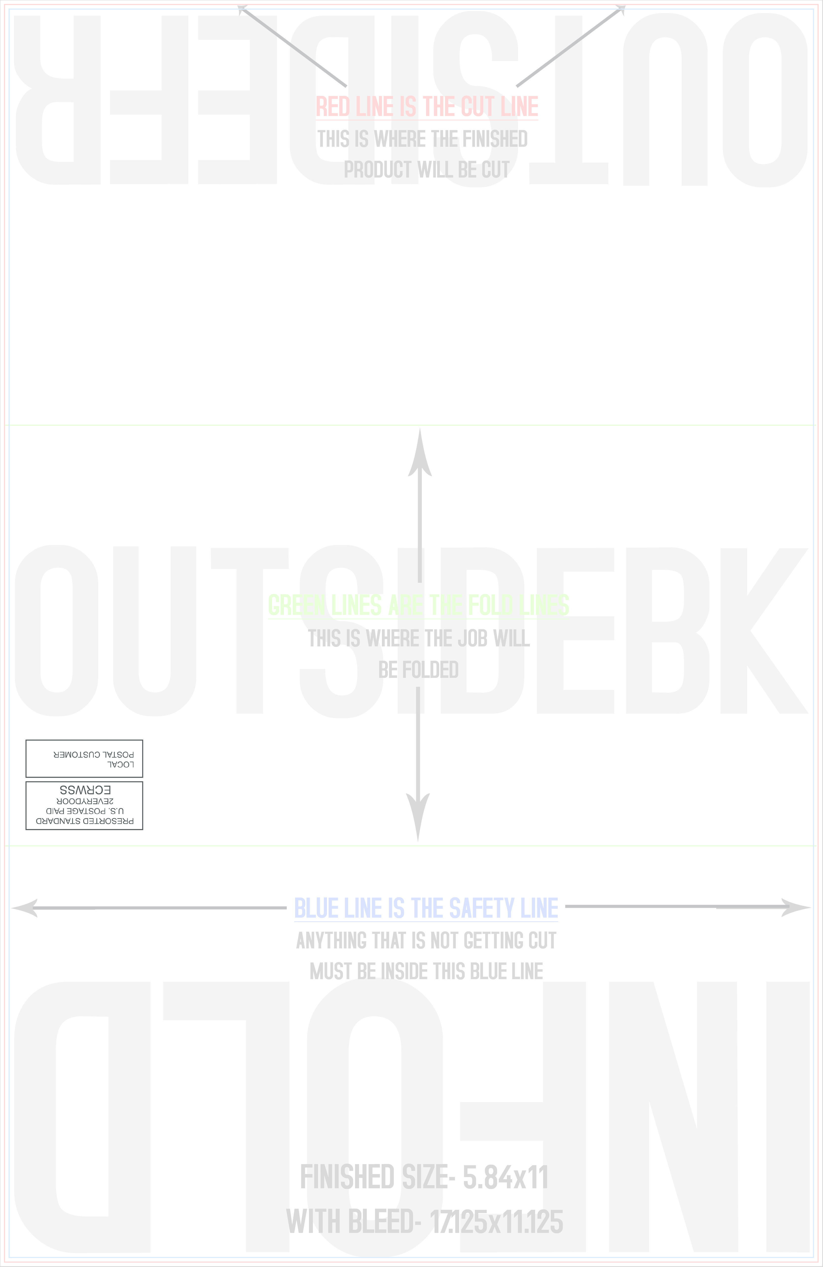 11" × 17" vertical EDDM flyer template preview (Full Service) with the trim, bleed and safe-zone guides marked